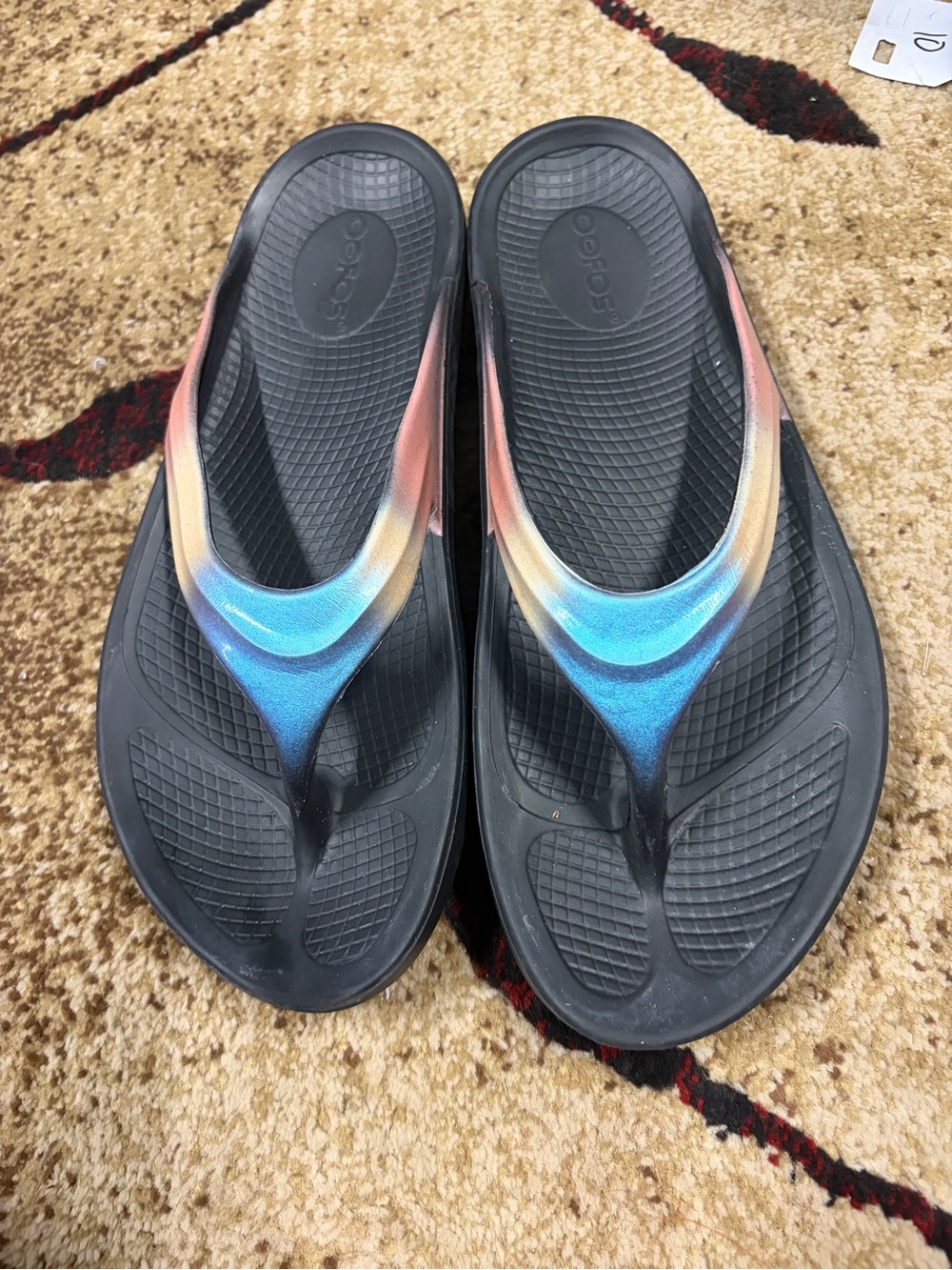 OOFOS OOriginal Flip-Flops in Black with Blue-Orange Gradient Straps